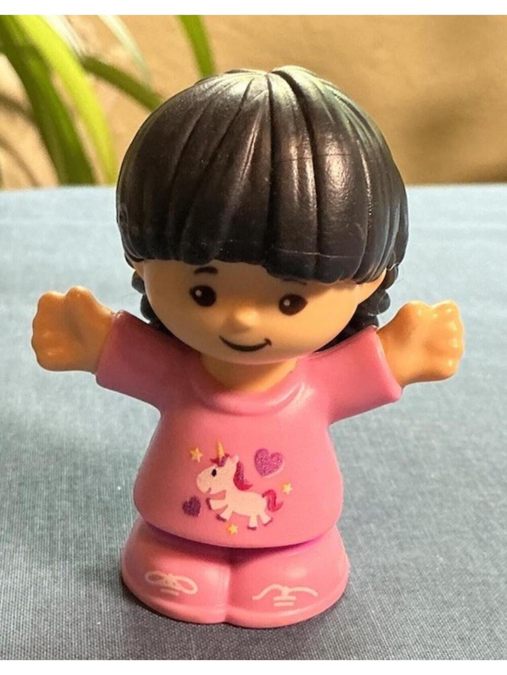 Fisher Price Little People Asian Girl in Pink Unicorn Shirt Braids Rare